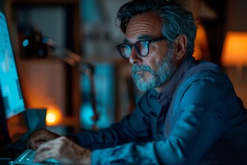 Obraz premium Elderly Man Working Late on Computer