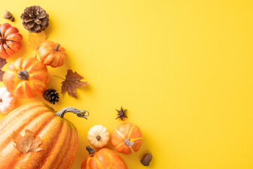 Top view of various pumpkins and autumn leaves arranged on a vibrant yellow background for fall-themed compositions