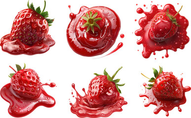Strawberry sauce splash with strawberry fruit, Strawberry syrup sauce isolated on transparent background, fruit dessert ingredient Strawberry splash PNG