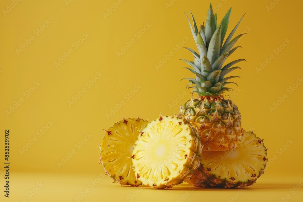 Canvas Prints Fresh Pineapple with Slices on Yellow Background