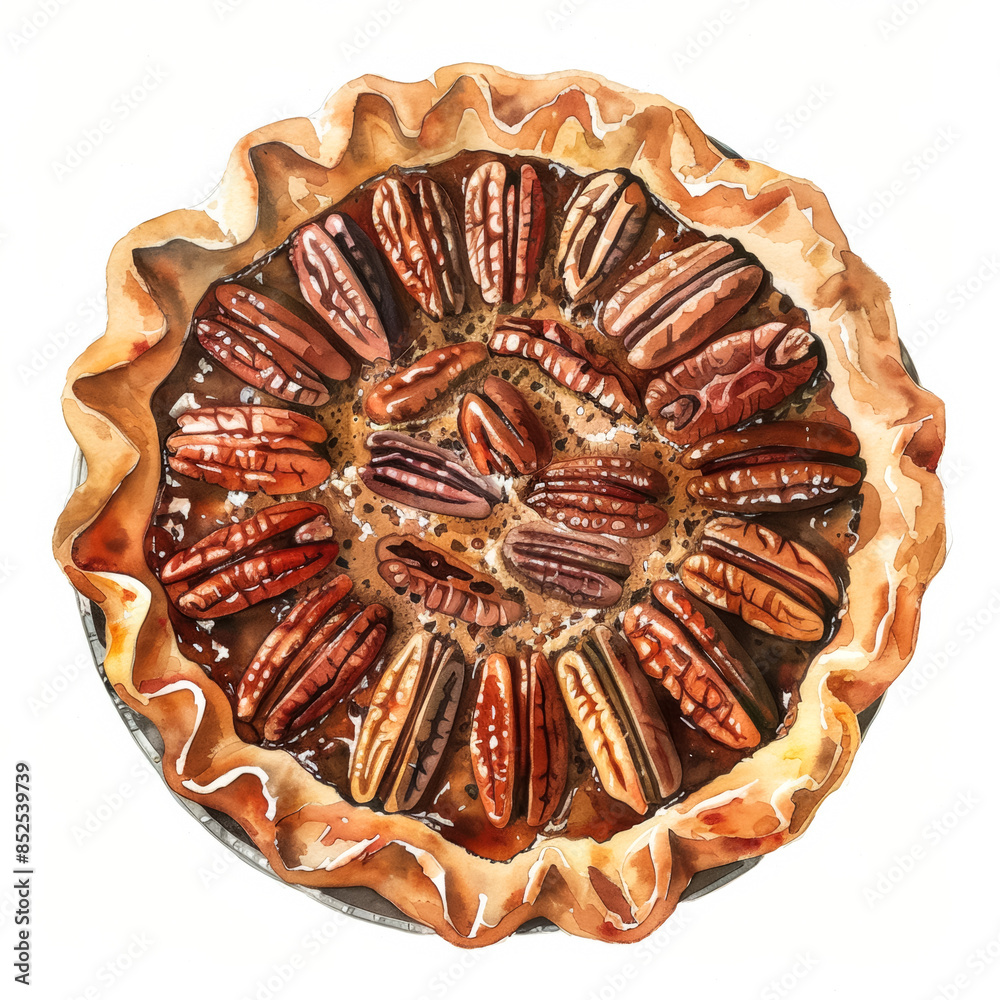 Sticker A rich amber-brown pecan pie, simple watercolor illustration isolated on a white background 