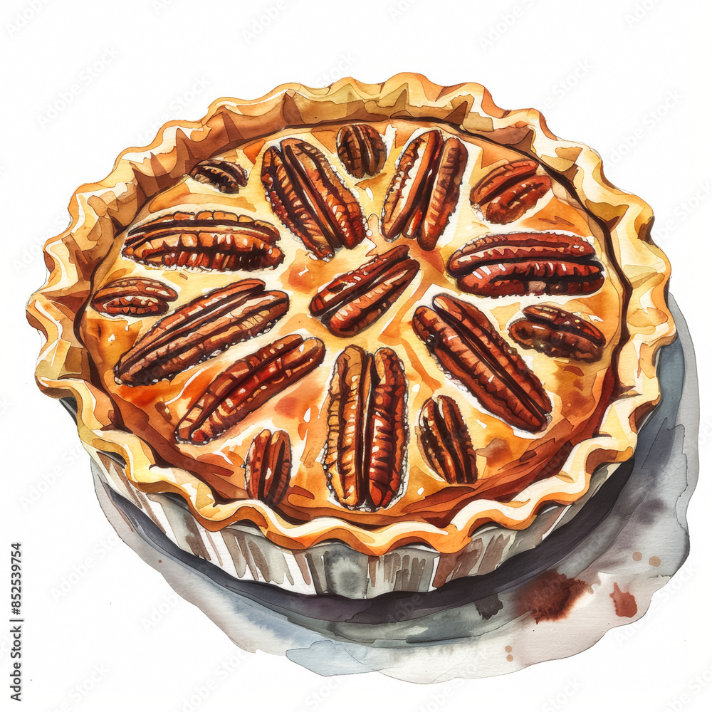 Canvas Prints A rich amber-brown pecan pie, simple watercolor illustration isolated on a white background 