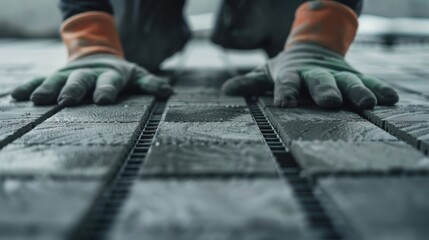 Close-up of a worker's hands with gloves installing interlocking concrete pavers on the ground, focusing on precision and craftsmanship.