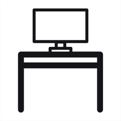 Computer desk icon. Features a streamlined modern computer desk with a monitor, ideal for web and app design related to office furniture, home offices, and workspaces. Vector illustration