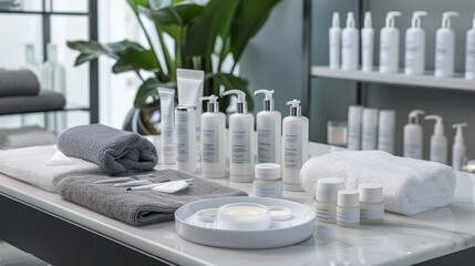 Clean and Organized Microdermabrasion Treatment Table with Tools, Towels, and Skincare Products