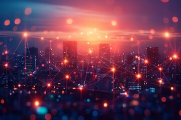 Futuristic Smart City Network at Sunset
