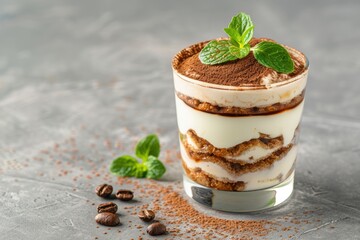 Delicious layered tiramisu dessert in glass