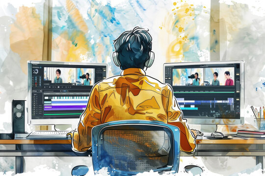 A man sits at his desk with two large computer monitors displaying video editing software. He is wearing headphones and focusing on his work