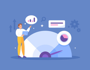 business benchmarking concept. review, check and compare company or business data. analyze and read data. business benchmarks. illustration concept design. graphic elements. blue background