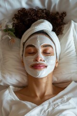 Woman Enjoying Relaxing Skincare Routine with Facial Mask Post RF Lifting at Home, Wellness Concept