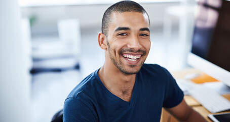 Career, office and portrait of business black man for startup career, job opportunity and working. Professional, creative company and person at desk with confidence, pride and smile for design agency