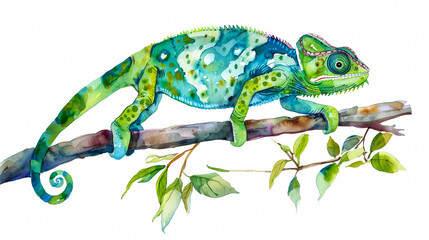 Obraz premium A solitary chameleon showcasing a spectrum of greens and blues, simple watercolor illustration isolated on a white background 