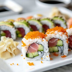A plate of assorted sushi rolls with fresh salmon, tuna, avocado, and cucumber. Garnished with pickled ginger, wasabi, and soy sauce. 
