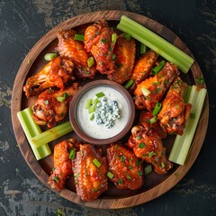 A plate of spicy buffalo chicken wings, accompanied by celery sticks and blue cheese dipping sauce. Arranged on a rustic wooden platter. 