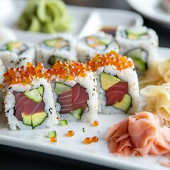 A plate of assorted sushi rolls with fresh salmon, tuna, avocado, and cucumber. Garnished with pickled ginger, wasabi, and soy sauce. 