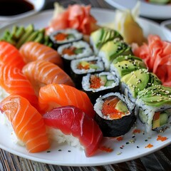 A plate of assorted sushi rolls with fresh salmon, tuna, avocado, and cucumber. Garnished with pickled ginger, wasabi, and soy sauce. 