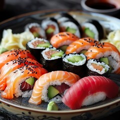 A plate of assorted sushi rolls with fresh salmon, tuna, avocado, and cucumber. Garnished with pickled ginger, wasabi, and soy sauce. 