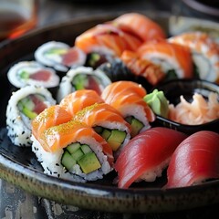 A plate of assorted sushi rolls with fresh salmon, tuna, avocado, and cucumber. Garnished with pickled ginger, wasabi, and soy sauce. 