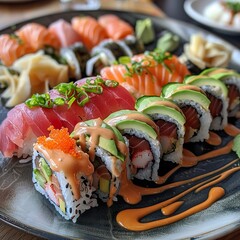 A plate of assorted sushi rolls with fresh salmon, tuna, avocado, and cucumber. Garnished with pickled ginger, wasabi, and soy sauce. 