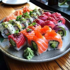A plate of assorted sushi rolls with fresh salmon, tuna, avocado, and cucumber. Garnished with pickled ginger, wasabi, and soy sauce. 