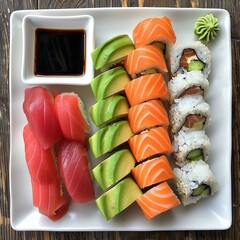 A plate of assorted sushi rolls with fresh salmon, tuna, avocado, and cucumber. Garnished with pickled ginger, wasabi, and soy sauce. 