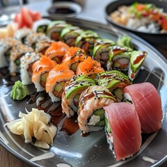 A plate of assorted sushi rolls with fresh salmon, tuna, avocado, and cucumber. Garnished with pickled ginger, wasabi, and soy sauce. 