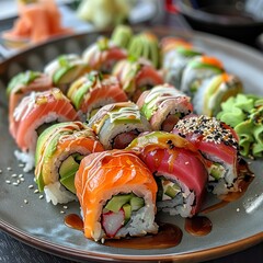 A plate of assorted sushi rolls with fresh salmon, tuna, avocado, and cucumber. Garnished with pickled ginger, wasabi, and soy sauce. 