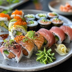A plate of assorted sushi rolls with fresh salmon, tuna, avocado, and cucumber. Garnished with pickled ginger, wasabi, and soy sauce. 