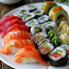 A plate of assorted sushi rolls with fresh salmon, tuna, avocado, and cucumber. Garnished with pickled ginger, wasabi, and soy sauce. 