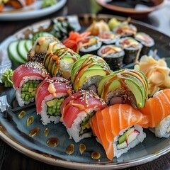 A plate of assorted sushi rolls with fresh salmon, tuna, avocado, and cucumber. Garnished with pickled ginger, wasabi, and soy sauce. 