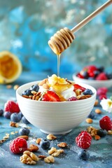 Healthy Mediterranean Breakfast Bowl with Greek Yogurt, Fresh Berries, Nuts, and Honey Drizzle