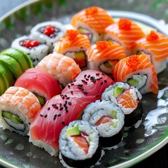 A plate of assorted sushi rolls with fresh salmon, tuna, avocado, and cucumber. Garnished with pickled ginger, wasabi, and soy sauce. 