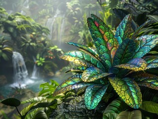 Fototapeta premium Vibrant tropical rainforest with waterfall