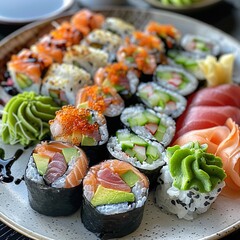 A plate of assorted sushi rolls with fresh salmon, tuna, avocado, and cucumber. Garnished with pickled ginger, wasabi, and soy sauce. 