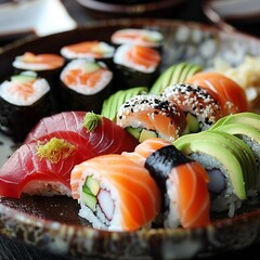 A plate of assorted sushi rolls with fresh salmon, tuna, avocado, and cucumber. Garnished with pickled ginger, wasabi, and soy sauce. 