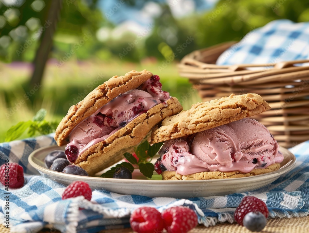 Wall mural Homemade berry ice cream sandwiches in a rustic outdoor setting - Wall murals