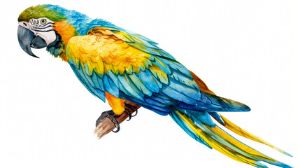 Fototapeta premium A vivid macaw showcasing a spectrum of blue and yellow feathers, simple watercolor illustration isolated on a white background 