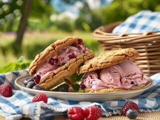 Homemade berry ice cream sandwiches in a rustic outdoor setting