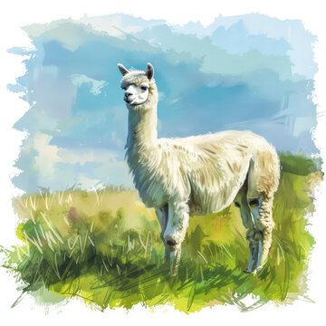 Adorable white alpaca standing peacefully in a lush green field under a clear blue sky, simple watercolor illustration isolated on a white background 