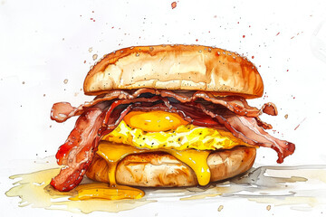 Bacon egg and cheese sandwich with crispy bacon, fluffy scrambled egg, and melted cheddar, simple watercolor illustration isolated on a white background 