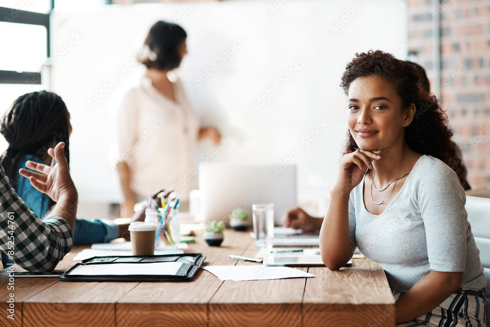 Poster Portrait, teamwork and woman at creative presentation for project management, planning and workshop ideas. Confidence, meeting room and business people in office for growth, development or proposal