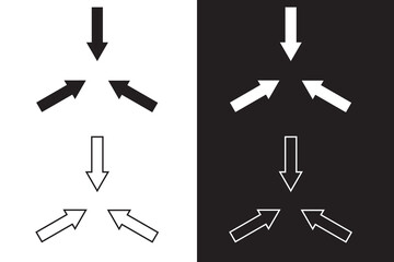 Three way black direction arrow icon on white and black background. Three way arrow icon. Vector illustration.
