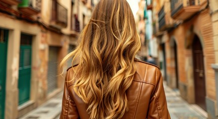 Stylish woman with long wavy hair in a leather jacket