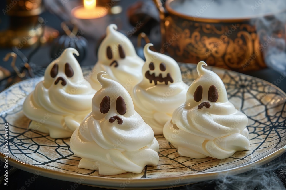 Wall mural Spooky ghost-shaped meringue cookies on a decorative plate - Wall murals