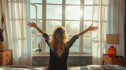 The woman greeting morning sunlight