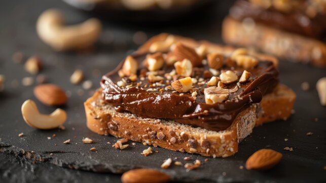 Delicious multigrain bread with chocolate spread and mixed nuts. A perfect and nutritious snack or breakfast option.