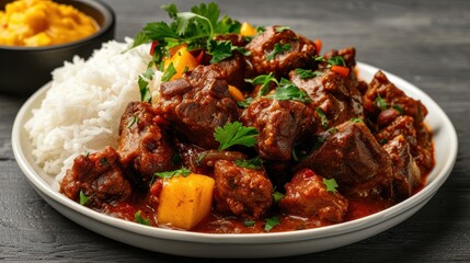 Fototapeta premium Delicious beef stew with rice and vegetables