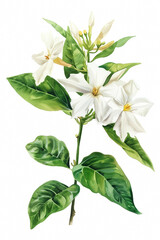Obraz premium Delicate white jasmine with vibrant green leaf, simple watercolor illustration isolated on a white background 