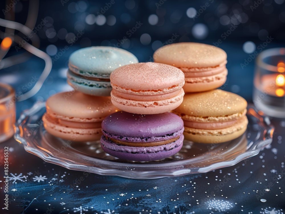 Wall mural Assortment of colorful macarons on a glass plate with holiday lights - Wall murals