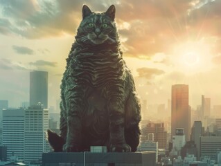 Medium shot of giant catzilla on the city, cat with godzilla body. 